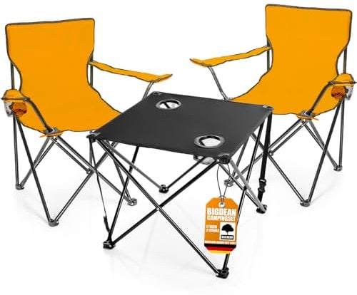BigDean 2 Stück Campingstuhl mit Campingtisch faltbar – Faltstuhl in Neon Orange mit Getränkehalter & Tragetasche ideal für Camping, Festival & mehr