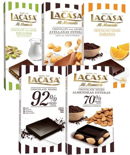 Lacasa pack 5 tabletas de chocolate:leche avellanas , naranja chocolate negro ,leche pistacho 90g ,cacao 92% , almendra 200g