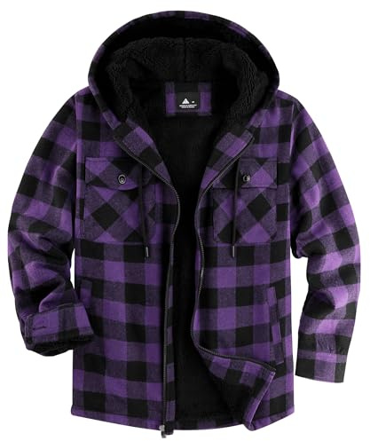 JACKETOWN Men's Fleece Jackets Padded Lumberjack Checked with Pockets Shirt Long Sleeve Hoodie Flannel Shirt Casual Warm Plaid Shirt Full Zip Up mens Fleece Lined Shirt Winter Outwear