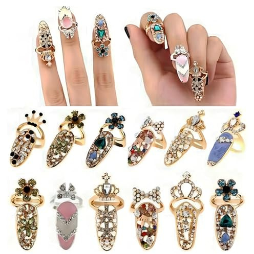 NICENEEDED 12 Stück Luxus Fingernagelring Für Damen Modischer Nagelring Mit Schleife Glänzender Ring Mit Strass Dekor Verstellbarer Nagelkunst Schmuck Für Damen