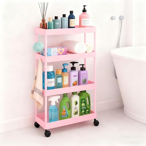 powerking 4-Tier Schlank Rolling Utility Storage Cart, Trolley Cart mit abschließbaren Rädern Mobile Regal Organizer für Küche, Wäscherei, Wohnzimmer, Balkon, Bad, Büro, Enge Plätze (Rosa, 4-Tiers)