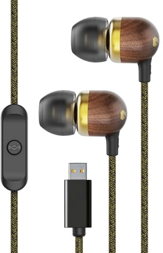 Marley House of Smile Jamaica Auricolari con Filo USB-C con Driver da 9.2mm – Realizzati in modo sostenibile, Cuffie In-Ear, Cavo Anti-groviglio, Microfono Integrato per Musica e Chiamate, Ottone