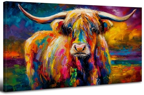 Bunte Schottische Hochlandrind Wandkunst Abstrakte Banksy Graffiti Kühe Wanddekoration Küche Esszimmer Dekoration 50x100cm, Land Kühe Tiere Wall Art Moderne Aquarell Pop Malerei Kunstwerk Dekorationen