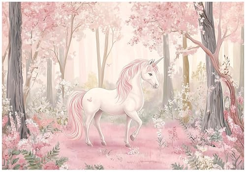 WallArena - Papier peint panoramique intissé für Mädchen licorne 300x210 cm - Papier peint photo non tissé - Pour salon et chambre à coucher - Effet 3D - Avec colle - fantaisie de fleur rose