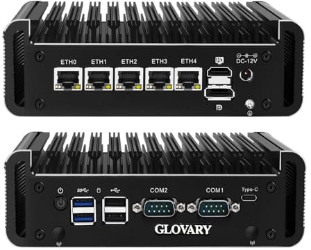Glovary Firewall Mini PC J6413 4 Core, 5 x i226V 2.5GbE LAN OPNsense Router Micro Appliance, DDR4 8GB RAM 256GB NVMe SSD, AES-NI, Fanless Industrial Computer Hardware, 2RS232 COM, 2SATA3.0, 3 Display