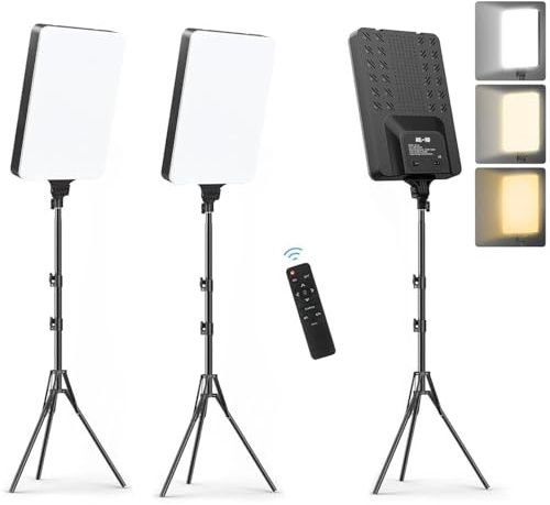 2X Panel de Iluminacion Fotografica Luz de Relleno Fotografia Videos Luces Led Pantalla 24 2700k-7500K, Trípode Regulable Filmación Zoom Videoconferencia TikTok con Mando (2 Luz - 2 Tripode 24)