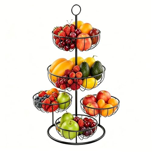 Polegas Obstkorb mit 5 Etagen, Abnehmbare Obstschale mit Belüftungsdesign | Vielseitige Metall Obst Etagere, Raumsparender Obstschalen Organizer für Gemüse, Brot, Snacks (Schwarz)