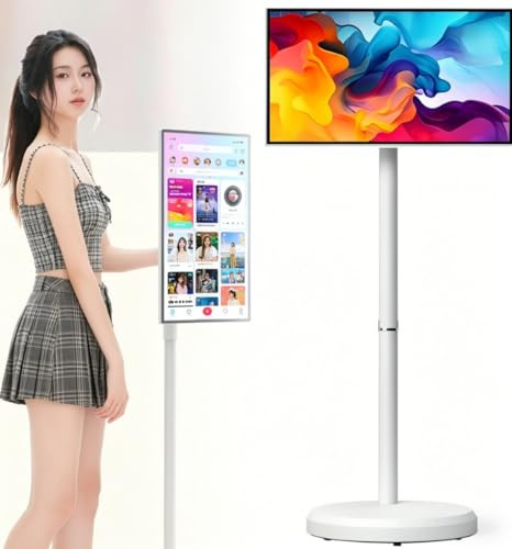 Monitor inteligente portátil 23.8 pulgadas, TV Android 15 con pantalla táctil 1080P, pantalla móvil inalámbrica en soporte con ruedas, 6GB+128GB, cámara 13MP, batería 8h, HDMI USB Type-C(6+128)