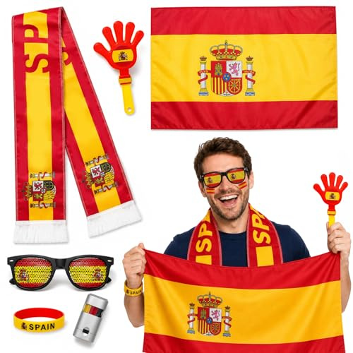 shallyong Kit Aficionado España Copa del Mundo, Fútbol Complementos Mundial, España Bandera+Bufanda+Gafa+Pulsera+Mano Aplaudidora+Pintura Facial, Aficionado Fútbol Española Set,Mundial Accesorios