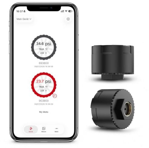 Spedal TPMS Reifendruckkontrollsystem für Motorrad, 2 Stück | Bluetooth Reifendrucksens mit App, Druck & Temperatur präzise, Wasserdicht, Echtzeit-Alarm, für iOS & Android