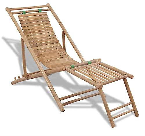 Tonture Liegestuhl mit Fußteil aus Bambus verstellbar 4-Fach klappbar wetterfest ergonomisch für Terrasse Garten Balkon ideal als Relaxliege und Outdoor Deckchair mit Armlehne