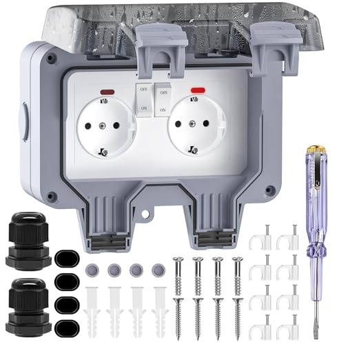 Enchufe Exterior Impermeable, Toma de Corriente IP66, Estanco con Interruptor, Conector de Cable y Tapa Abatible, para Cocina Baño Garaje Piscina y Jardín,Gris