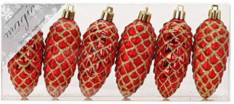 MAGIC 6 Kunststoff Zapfen 9cm Kunststoff bruchfest Christbaumkugeln Dekokugeln Weihnachtskugeln Baumkugeln Baumschmuck Set rot