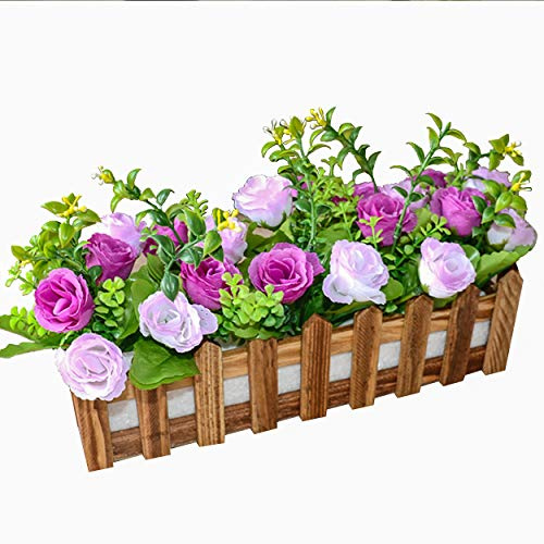 Flikool Roses Künstliche Pflanzen mit Dunkel Zaun Gefälschte Künstliche Blumen mit Topf Simulation Topfpflanzen Bonsai Kunstblumen Kunstpflanzen Ornaments Dekorationen - Lila