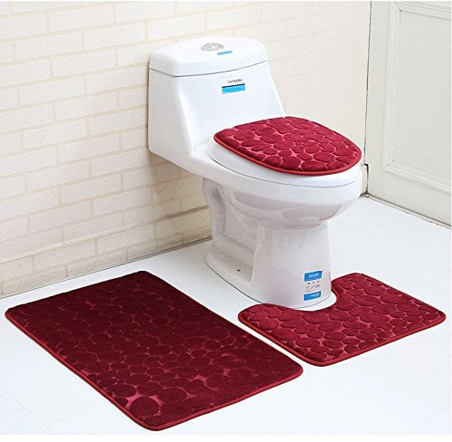 Aisaving 3pcs Non Slip Bath Mat Set Super Soft Pedestal and Bath Rug Memory Foam Pebble Shower Mat Quick Drying Bathroom Mat Carpet,U-Shaped Contour Mat and Toilet Seat Cover (Red)