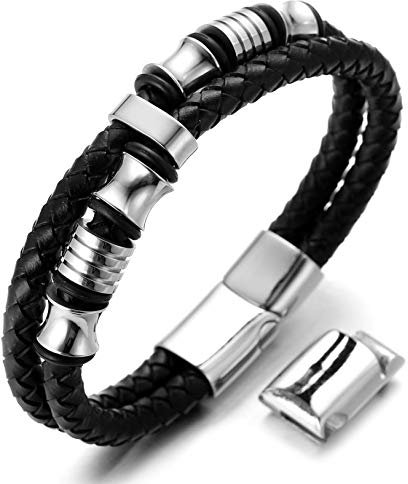 Halukakah Herren Echtes Lederarmband mit Titanperlen Gold/Silber/Schwarz Magnetverschluss Größe Einstellbar 21.5-23cm mit Gratis Geschenkbox (Silber 21.5-23cm mit extra Verschluss)