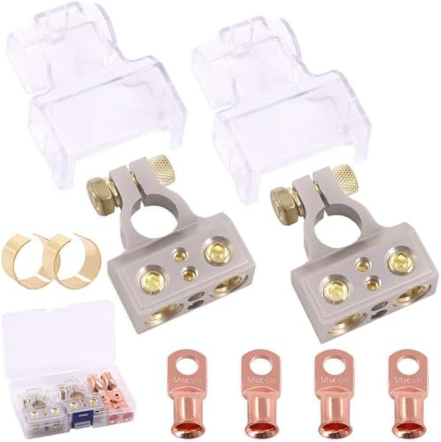 Keadic 0/4/8/10 AWG Gauge AWG Positive & Negative Battery Terminals with Shims and Transparent Covers, including 4Pcs Heavy Duty Wire Lugs - (1 Pair, Silver)