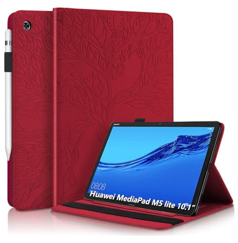 Aswant Huawei Mediapad M5 Lite 10 Hülle Geprägter Baum PU PU Leder Brieftasche BookStyle Flip Cover Stand Kartensteckplatz Tablet Schutzhülle Für Huawei Mediapad M5 Lite/C5 10.1 Zoll 2018 - rot