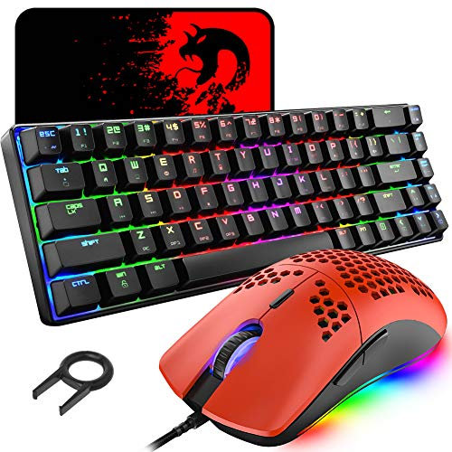 60% Mechanical Mini 68 Key RGB Backlit Wired USB C Gaming Keyboard + Lightweight Rainbow Backlight 6400 DPI Honeycomb Mouse + Mouse Pad Compatible With PS4,PS5,Xbox,PC,Laptop,MAC - Blue Switch