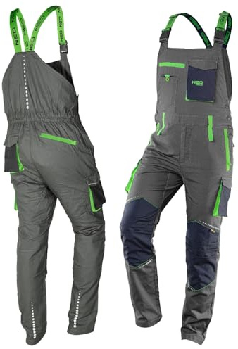 NEO TOOLS Salopette de travail de qualité supérieure pour homme, 100% coton, 210 g/m², Ripstop, taille XS-3XL, zone des genoux renforcés en Cordura, éléments réfléchissants (L)