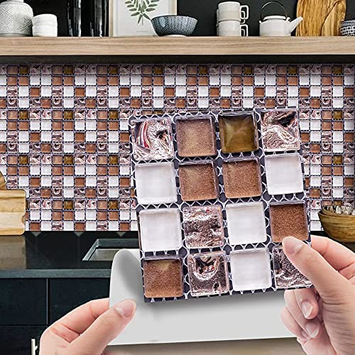30 Pezzi Adesivi per Piastrelle per Mobili e Pareti, Hiser 3D Mosaico Stile Impermeabile Adesivo da Parete Autoadesive Rotoli Carta per Cucina Bagno Casa Decorativo 10x10cm (Marrone)