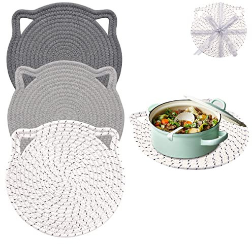 DINGC 3er Set Tischset Nettes in Katzen Dicht Gewebt, Platzset Geflochten Reines Baumwollmaterial, Platzdeckchen Kinder Sicher und Geruchlos (Dunkelgrau, Hellgrau, Grausilber, 30cm)