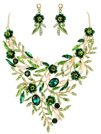 Clearine Blatt und Blume Schmuckset Hochzeit Braut Cluster für Damen Party Kristall Emaille Erklärung Halskette und baumeln Ohrringe Schmuck Set Smaragd Grün Gold Ton