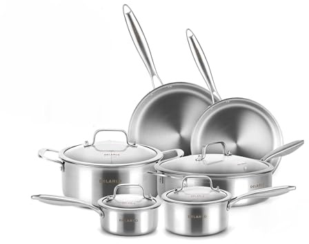 DELARLO Whole Body Tri-Ply Stainless Steel Kitchen Cookware Set of 14 with Lid Heats Quickly Cookware, Suitable for All Stove Kitchen, Pots and Pans Sets