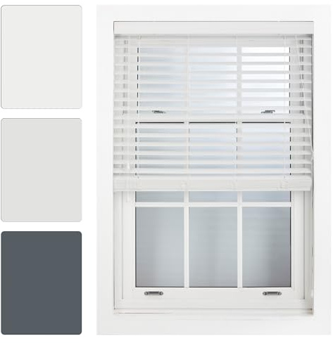 FURNISHED Faux Wood Venetian Blinds Window 50mm, White, 175W x 150L cm | Easy fit trimmable child safe home office window blinds