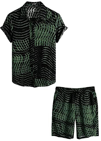 VATPAVE Herren Hawaii Hemd Blumen Sommer Outfit Männer Freizeit Kurzarm Strandhemd und Kurze Hosen 2 Teiler Set Rave Outfit 3X-Large Dunkelgrün