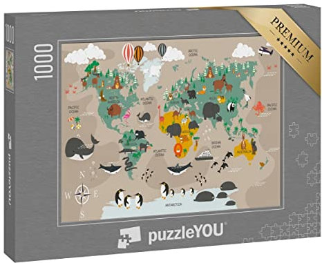 puzzleYOU: Puzzle 1000 Teile „Weltkarte mit Cartoon-Tieren“