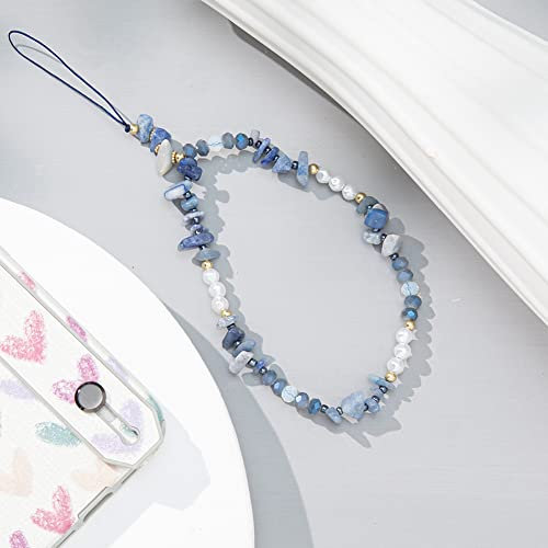 Herbests Perlen Handschlaufe für Telefon,Böhmen Bunte Anti-Verlorene Handykette Perlen Telefon Kette Strap Perlen Charme Telefon Anhänger Schlüsselband Handy-Schmuck für Frauen,Edelstein,Blau