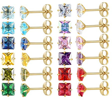 12 Paar chirurgische Edelstahl-Ohrstecker, 18K vergoldet Silber Stern Herz Teardrop Quadrat Cubic Zirkonia Birthstone Ohrstecker Set (Gold square 5mm)