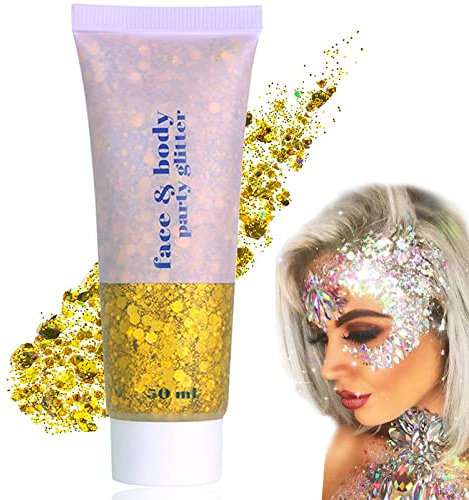 Glitter Gel Gold – Chunky Glitzer Gel & Flüssiger Lidschatten mit-Pailletten, Funkelnde Body Lotion für Gesicht, Haare, Lippen, Nägel & Körper