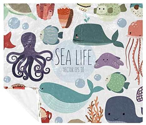 TBOUOBT Bettwäsche-Fleece-Decke, dekorativ für Schlafzimmer-Sofa-Boden,Sea Life Octopus Wal Krabben Cartoon