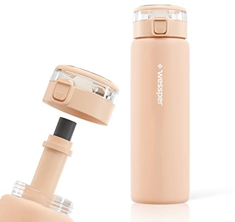 WESSPER Trinkflasche aus Glas 680ml mit Wasserfilter, BPA-frei Auslaufsicher Glasflasche mit Aktivkohle Filter, Wasserflasche mit Schraubverschluss für Gym Fitness Schule Büro - Beige