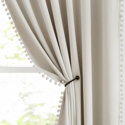 Abstractex Ivory Pom Pom Blackout Drapes,Ring Top Eyelet,72,Panels | Weave Full Blackout Window Drapes for Living Room Energy Saving Treatment Curtain Sets for Hotel Guest Room