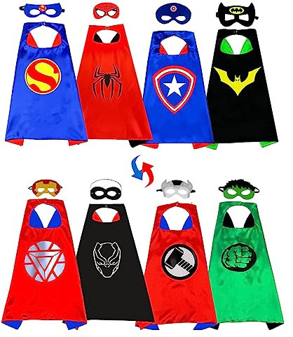 Kids Superhero Capes & Masks - 8 Hero Fancy Dress Costumes - 4 Double Sided Capes, 8 Masks - Birthday Party Dress Up - Girls & Boys