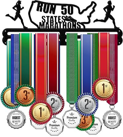 ORIGACH Run 50 States Marathons Medaillenhalter Display - 40x15 cm 3 Reihen Marathons Wandmedaillenhalter - Hängendes Medaillenregal für Läufer - Anzeige von bis zu 40 Medaillen