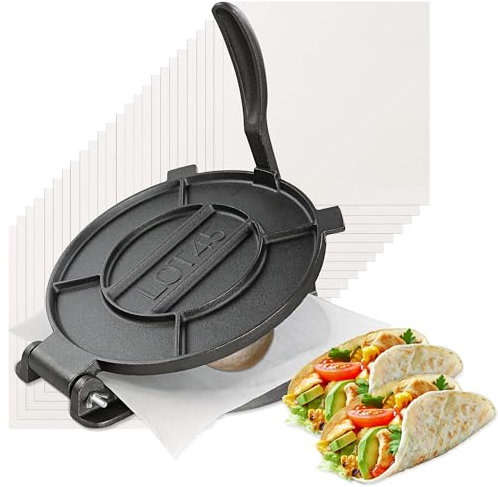 Lot45 Tortilla-Presse, 25,4 cm, Gusseisen, manuelle Roti-Maker-Teigpresse für Maistortillas, Tamales, Chapti, Naan-Brot, Pizzateig mit 100 Pergamentpapierbögen