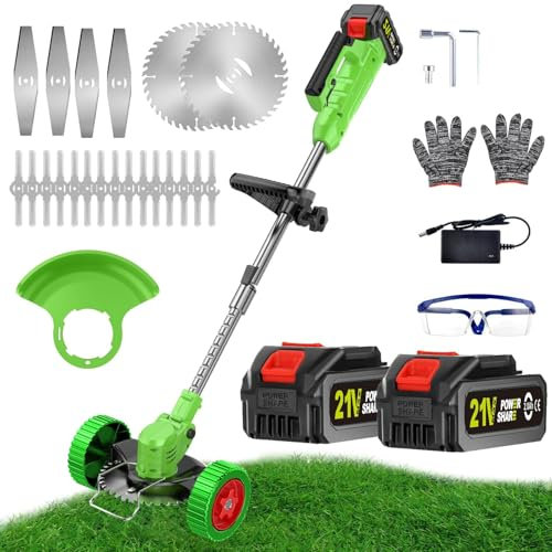 Debroussailleuse Electrique sans Fil 21V 4.0Ah Coupe Bordure sans Fil avec 2 Batterie et Chargeur Rapide 29 Lames de Rechange Faible Bruit pour la Coupe de Jardin, Pelouses