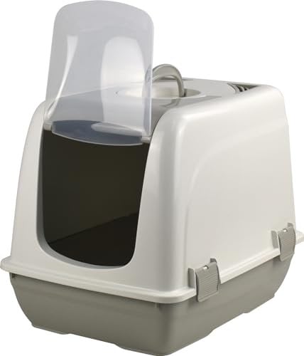 Cat Litter Box Closed Kitten Toilet Loo Tray Indoor & Outdoor Puppy Home Cats Ditachable Toilet Clear Flap Door (Grey)