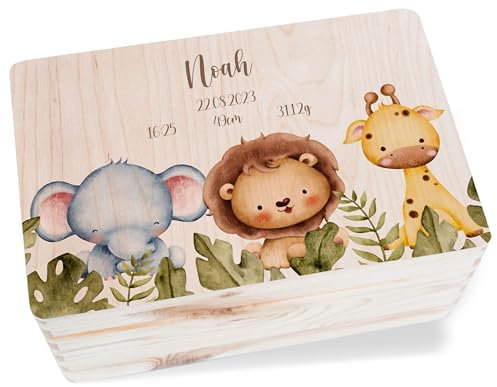Holz Erinnerungsbox Baby Geschenkbox Holzkiste Baby - Tiere - Geschenk zur Geburt Safari Elefant I Giraffe I Löwe I Geburtsdaten I Name I Datum I Gewicht I Größe I Uhrzeit - 30 x 20 x 14 - Holz