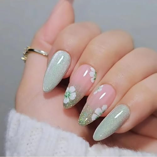 Cat Eye Press on Nails Almond,Green Medium Glitter False Nails Glossy Flowers Fake Nails Full Cover Artificial Nails Art Design in 12 Sizes - 24 Pcs Nails for Women and Girls