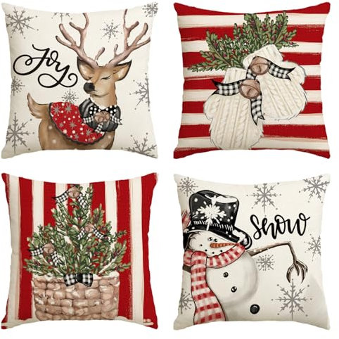 Artoid Mode Rot Streifen Schneemann Rentier Handschuhe Weihnachten Kissenbezüge 4er Set, 40x40 cm Christmas Zierkissenbezug Cushion Cover Couch Deko