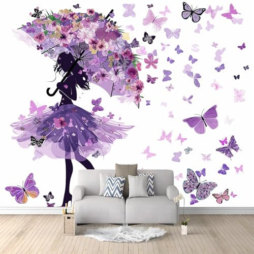 Papier Peint Panoramique Violet, 3D Peinte Papillon Fille Art De Rêve Intissé Murale, 400 x 280 cm (W x H) Photo Murale pour Salon Chambre d'enfants restaurant Décoration Murale