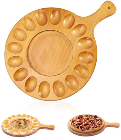 Huakaile 2 Sides Wooden Deviled Egg Platter & Charcuterie Board, Round Deviled Egg Tray, Cutting Cheese Board Deviled Egg Serving Platter Holder Container for Countertop Party (16 Slots)