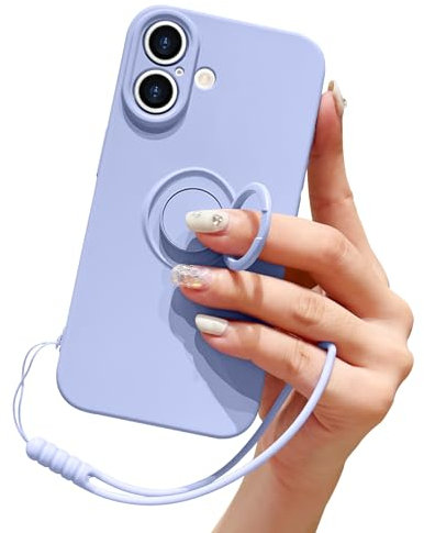 Pepmune Compatible with iPhone 16 Case Liquid Silicone with Ring Holder Kickstand Magnetic Car Mount Detachable Wrist Strap Shockproof Soft Protective Cover-Purple