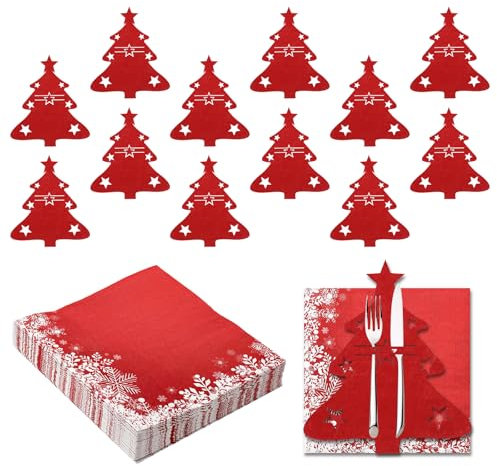 12 Stück Besteckhalter Weihnachten Rot Weihnachten Besteckhalter Filz mit 40 Servietten Weihnachten Bestecktasche Tannenbaum Weihnachtsbaum Bestecktasche für Tischdeko Weihnachten Party