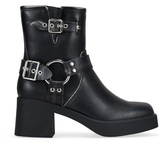 BOSANOVA Stivali bassi con tacco da donna con fibbie metalliche decorative, canna larga, finitura quadrata e suola con tacco largo 5,5. Senza chiusura. Scarpe da donna, Nero , 37 EU